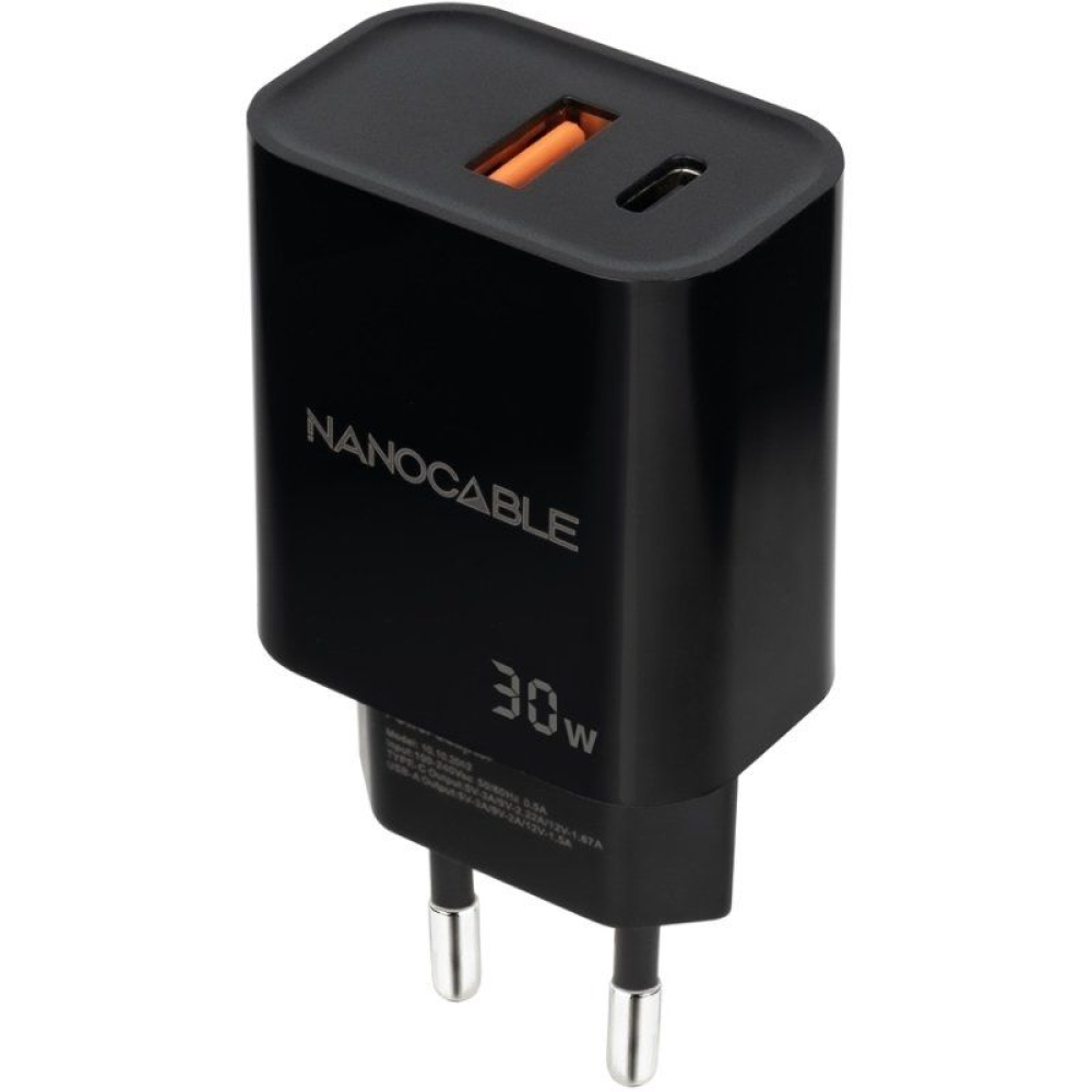 Cargador de Pared Nanocable 10.10.2012/ 1xUSB/ 1xUSB Tipo-C/ 30W/ Negro