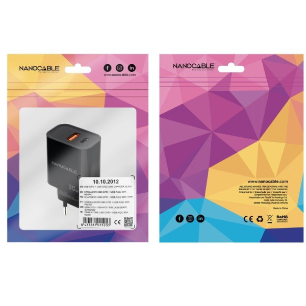 Cargador de Pared Nanocable 10.10.2012/ 1xUSB/ 1xUSB Tipo-C/ 30W/ Negro