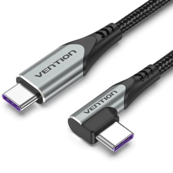 Cable USB 2.0 Tipo-C 90º Vention TAKHD/ USB Tipo-C Macho - USB Tipo-C Macho/ Hasta 100W/ 480Mbps/ 50cm/ Gris