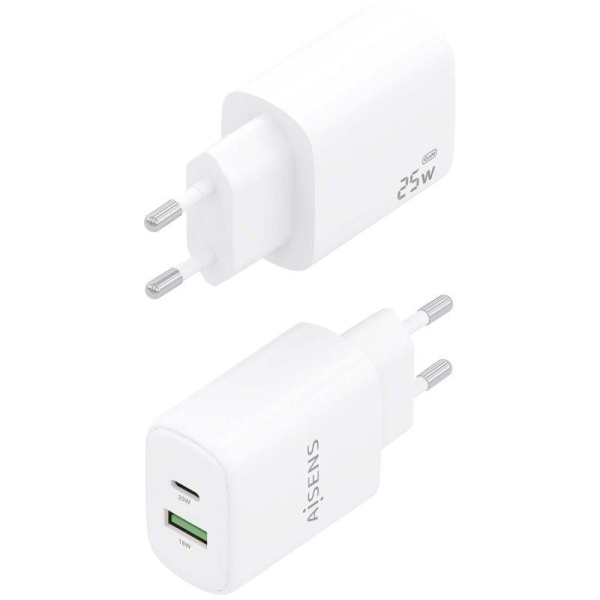 Cargador GaN de Pared Aisens A110-0911/ 1xUSB Tipo-C/ 1xUSB/ 25W/ Blanco