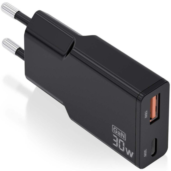 Cargador GaN de Pared Aisens ASCH-30W2P047-BK/ 1xUSB Tipo-C/ 1xUSB/ 30W