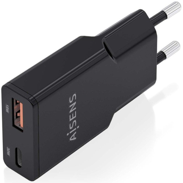 Cargador GaN de Pared Aisens ASCH-30W2P047-BK/ 1xUSB Tipo-C/ 1xUSB/ 30W