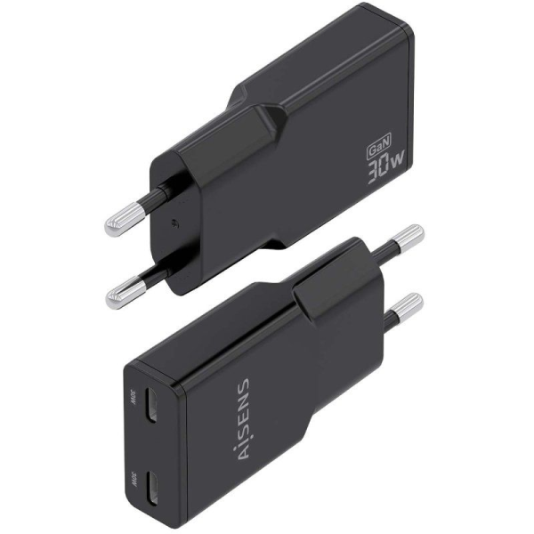 Cargador Gan de Pared Aisens ASCH-30W2P049-BK/ 2xUSB Tipo-C/ 30W