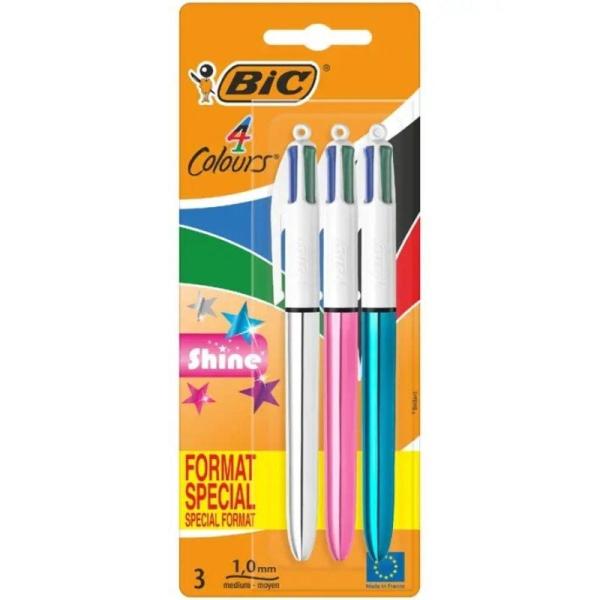 Bolígrafos de Tinta de Aceite Retráctil Bic 4 Colors Shine 9122751/ 3 unidades/ 4 Colores de Tinta/ Cuerpo Color Brillante