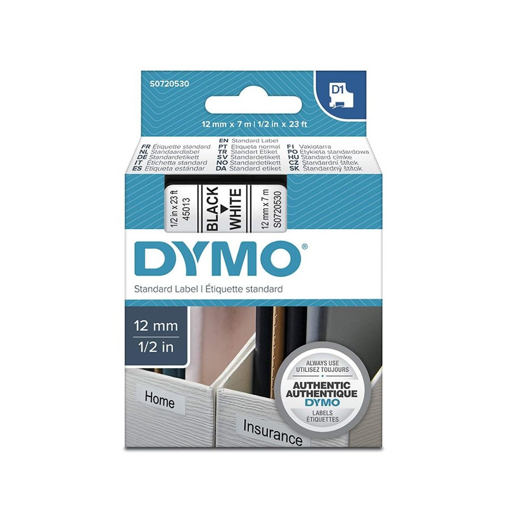 Cinta Rotuladora Adhesiva de Plástico Dymo D1 45013/ para Label Manager/ 12mm x 7m/ Negra-Blanca - Imagen 1