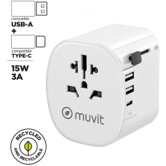 Cargador de Pared Universal Muvit For Change MCADP0006/ Toma de Corriente Universal/ 1xUSB Tipo-C/ 2xUSB/ 15W
