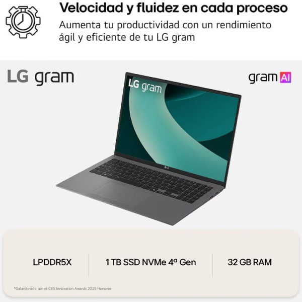 Portátil LG Gram 16Z90TL-G.AU88B Intel Core Ultra 7-258V/ 32GB/ 1TB SSD/ 16'/ Win11