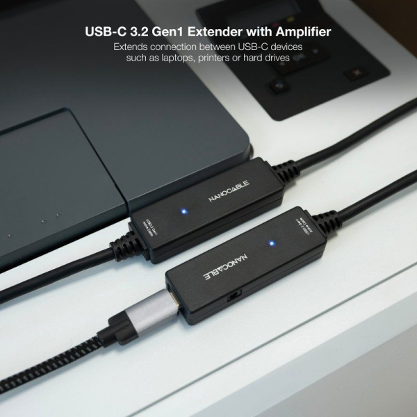 Cable Alargador USB Tipo-C 3.2 con Amplificador Nanocable 10.01.1312/ USB Tipo-C Macho - USB Tipo-C Hembra/ 10m/ Negro