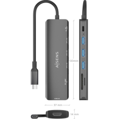 Docking USB Tipo-C Aisens ASUC-7P025-GR/ 1xHDMI/ 3xUSB/ 1xUSB Tipo-C PD/ 1xLector Tarjetas/ Gris