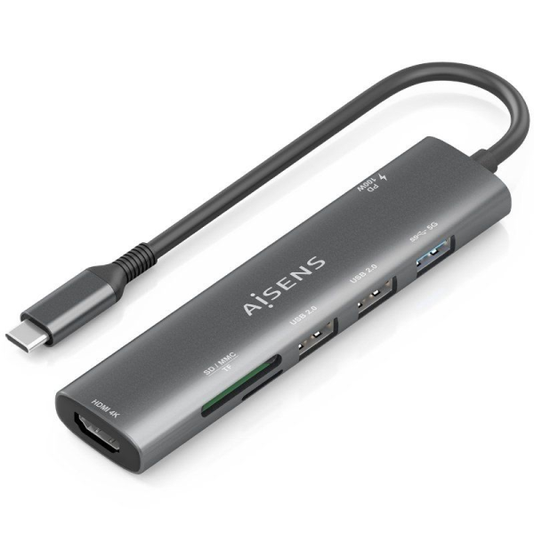 Docking USB Tipo-C Aisens ASUC-7P025-GR/ 1xHDMI/ 3xUSB/ 1xUSB Tipo-C PD/ 1xLector Tarjetas/ Gris
