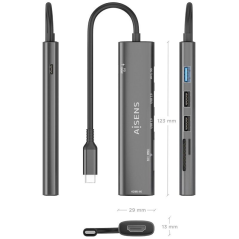 Docking USB Tipo-C Aisens ASUC-7P025-GR/ 1xHDMI/ 3xUSB/ 1xUSB Tipo-C PD/ 1xLector Tarjetas/ Gris