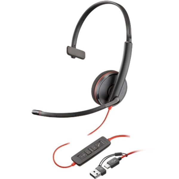Auricular Poly Blackwire 3210 + Adaptador USB-C/A/ con Micrófono/ USB Tipo-C/ Bulk/ Negro