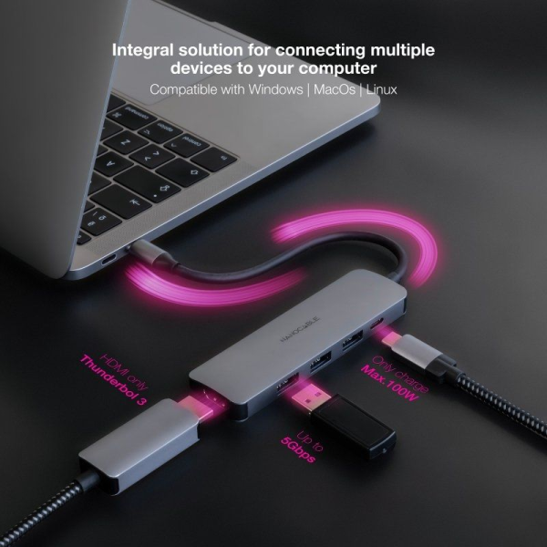 Docking Tipo-C Nanocable 10.16.4605/ 3xUSB/ 1xHDMI 4K/ 1xUSB Tipo-C PD/ Gris