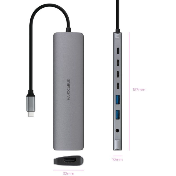 Docking Tipo-C Nanocable 10.16.4608/ 2xUSB/ 3xUSB Tipo-C/ 1xHDMI 4K/ 1xJack 3.5/ 1xUSB Tipo-C PD/ Gris