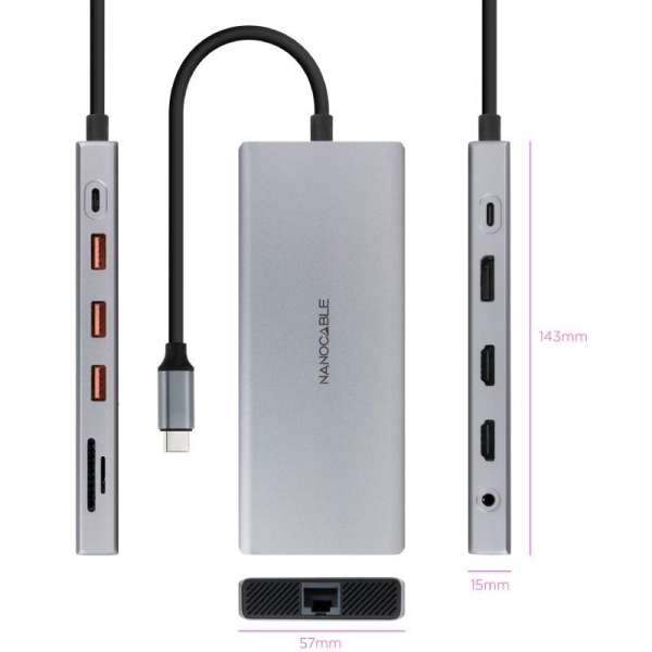 Docking Tipo-C Nanocable 10.16.4612/ 3xUSB/ 1xUSB Tipo-C/ 2xHDMI 4K/ 1xDisplayPort/ 1xRJ45/ 1xLector tarjetas/ 1xJack 3.5/ 1xUSB