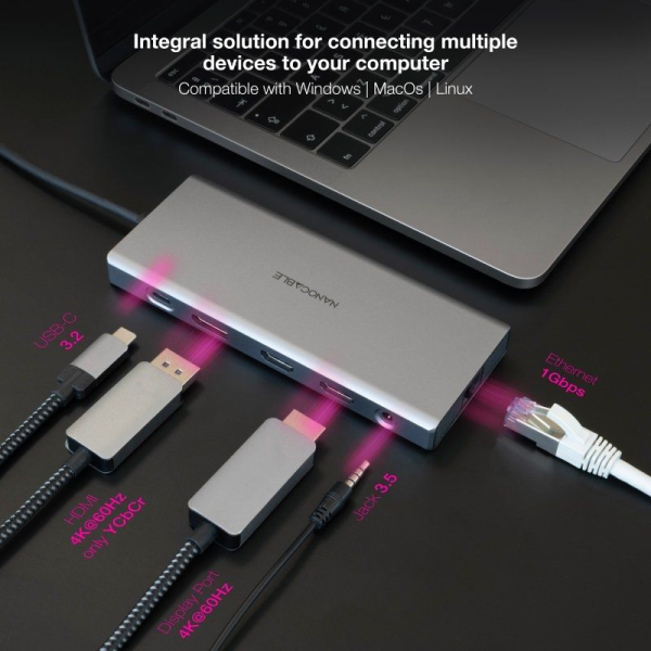 Docking Tipo-C Nanocable 10.16.4612/ 3xUSB/ 1xUSB Tipo-C/ 2xHDMI 4K/ 1xDisplayPort/ 1xRJ45/ 1xLector tarjetas/ 1xJack 3.5/ 1xUSB