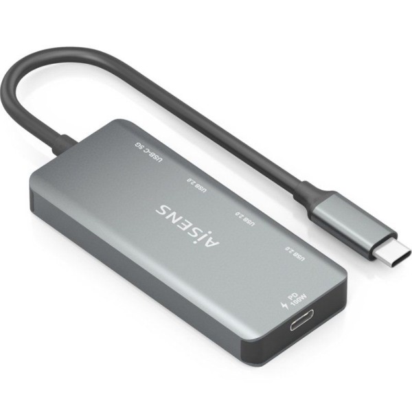 Hub USB Tipo-C Aisens A109-0945/ 3xUSB/ 1xUSB Tipo-C/ 1xUSB Tipo-C PD/ Gris