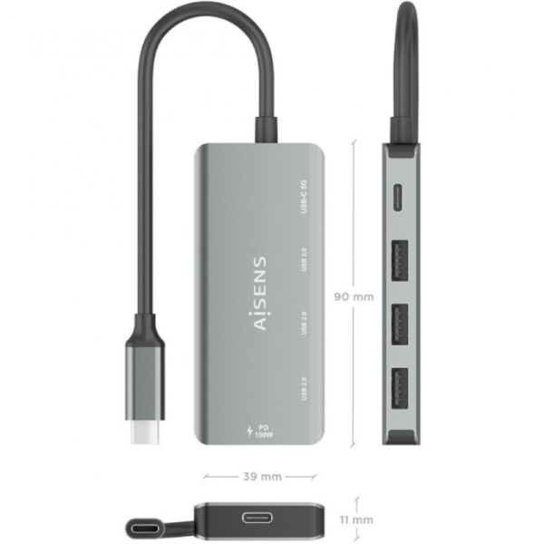 Hub USB Tipo-C Aisens A109-0945/ 3xUSB/ 1xUSB Tipo-C/ 1xUSB Tipo-C PD/ Gris