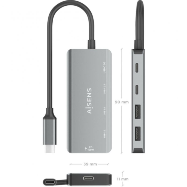 Hub USB Tipo-C Aisens A109-0946/ 2xUSB/ 2xUSB Tipo-C/ 1xUSB Tipo-C PD/ Gris