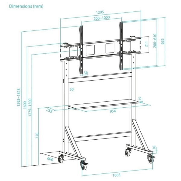 Soporte de Suelo Ajustable con Ruedas TooQ FS20105M-B para TV de 60-105'/ hasta 120kg