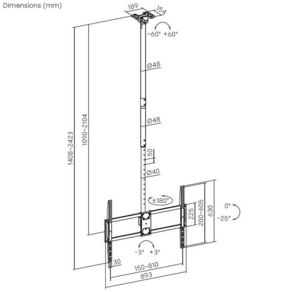Soporte de Techo Inclinable/ Giratorio/ Nivelable/ Extensible Aisens CT100TSLE-393 para TV de 50-100'/ hasta 80kg