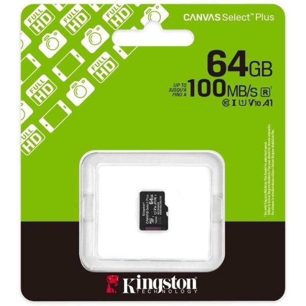 Tarjeta de Memoria Kingston CANVAS Select Plus 64GB microSD XC/ Clase 10/ 100MBs