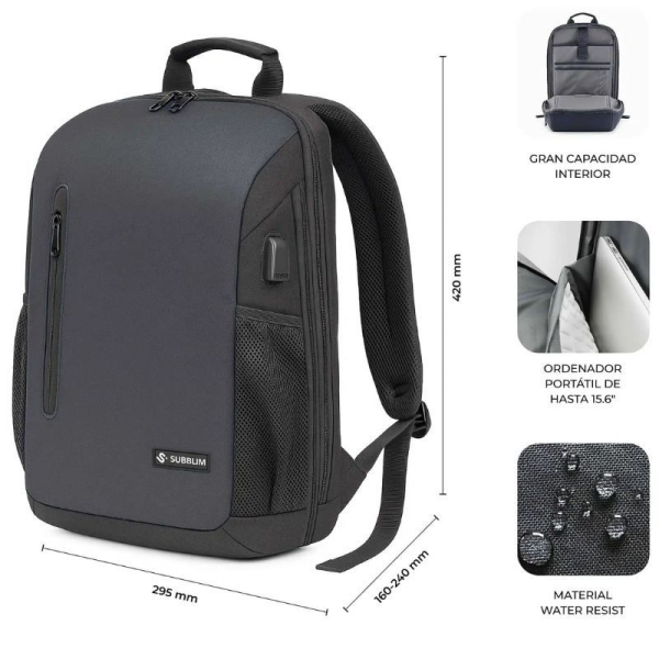 Mochila Subblim Xpand Air Padding Backpack para Portátiles hasta 15.6'/ Puerto USB/ Negro