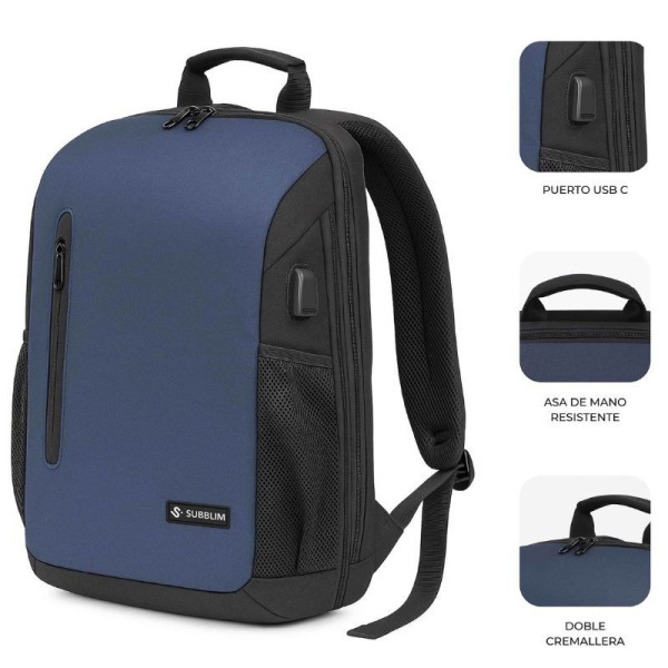 Mochila Subblim Xpand Air Padding Backpack para Portátiles hasta 15.6'/ Puerto USB/ Azul