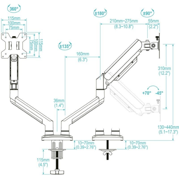 Soporte de Mesa para 2 Monitores TooQ DB1434TNR-W/ Giratorio/ Inclinable/ hasta 10kg