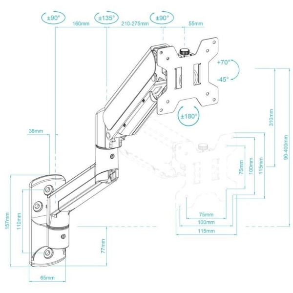 Soporte de Pared para Monitor TooQ LP1334TNR-B/ Giratorio/ Inclinable/ Rotatorio/ hasta 10kg