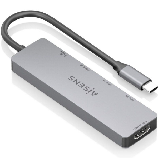 Docking USB Tipo-C Aisens ASUC-5P028-GR/ 1xHDMI/ 2xUSB/ 2xUSB Tipo-C/ 1xUSB Tipo-C PD/ Gris