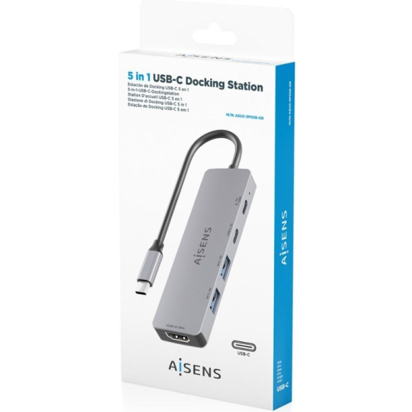 Docking USB Tipo-C Aisens ASUC-5P028-GR/ 1xHDMI/ 2xUSB/ 2xUSB Tipo-C/ 1xUSB Tipo-C PD/ Gris
