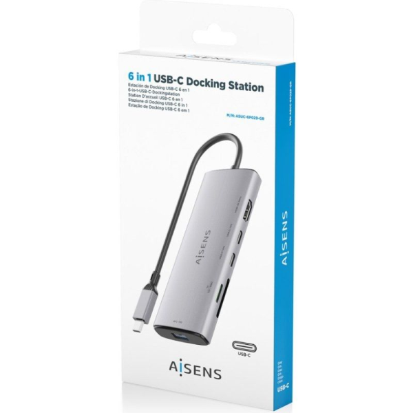 Docking USB Tipo-C Aisens ASUC-6P029-GR/ 1xHDMI/ 1xUSB/ 2xUSB Tipo-C/ 1xLector de Tarjetas/ Gris