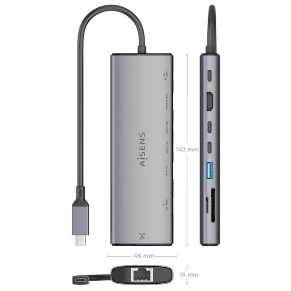 Docking USB Tipo-C Aisens ASUC-8P033-GR/ 1xHDMI/ 1xUSB/ 2xUSB Tipo-C/ 1xRJ45/ 1xLector Tarjetas/ 1xUSB Tipo-C PD/ Gris