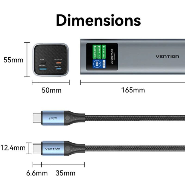 Powerbank 27000mAh Vention FKEH0/ 140W/ Gris