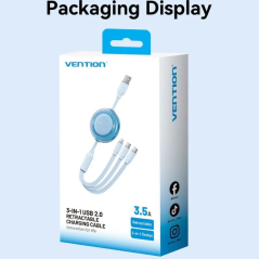 Cable USB Retráctil Vention TRJBBE/ USB Macho - Lightning/ 2xUSB Tipo-C/ Hasta 17.5W/ 10Gbps/ 1.1m/ Negro