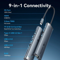 Hub USB Tipo-C 3.2 Vention TGVHB/ 2xUSB/ 1xUSB Tipo-C PD/ 1xUSB Tipo-C/ 1xRJ45/ 1xLector de Tarjetas/ 1xJack 3.5mm/ 1xHDMI/ 15cm