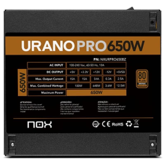 Fuente de Alimentación Nox Hummer Urano Pro/ 650W/ Ventilador 12cm/ 80 Plus Bronze