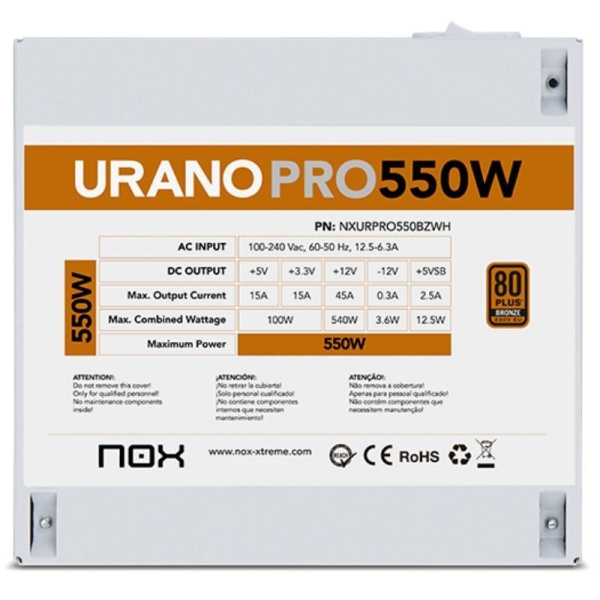 Fuente de Alimentación Nox Hummer Urano Pro White/ 550W/ Ventilador 12cm/ 80 Plus Bronze