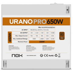 Fuente de Alimentación Nox Hummer Urano Pro White/ 650W/ Ventilador 12cm/ 80 Plus Bronze