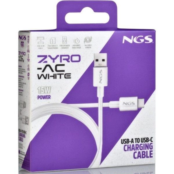 Cable USB 2.0 NGS ZYRO-AC/ USB Macho - USB Tipo-C Macho/ Hasta 15W/ 480Mbps/ 1m/ Blanco
