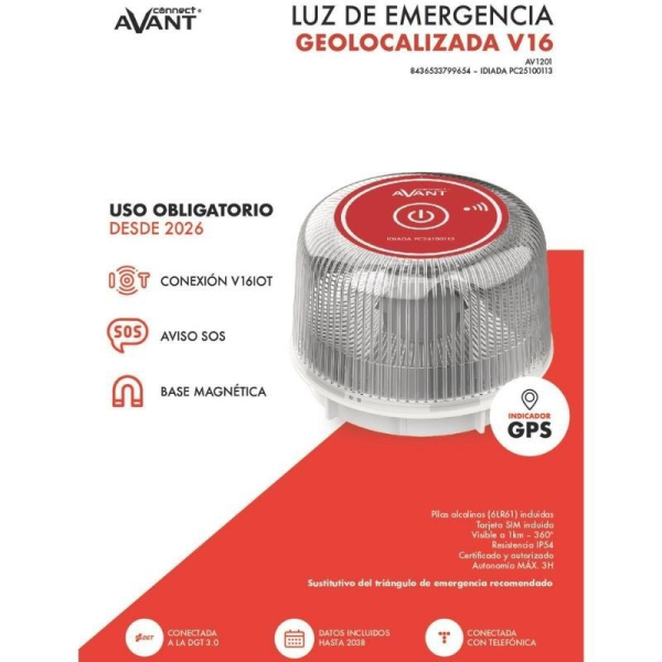 Luz baliza de emergencia para coche Avant V16 Connected AV1201/ Homologada/ Base Imantada/ Geolocalizable/ Funciona a Pilas