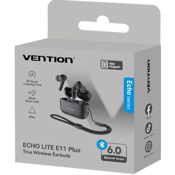 Auriculares Bluetooth Vention Echo Lite E11 Plus con estuche de carga/ Autonomía 30h/ Negros