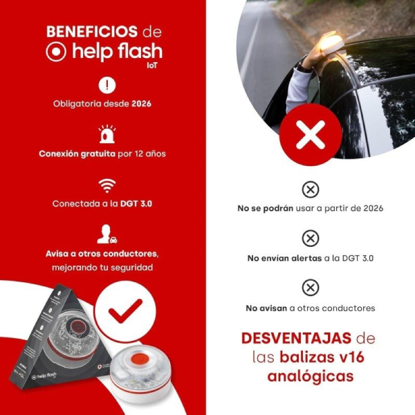 Luz baliza de emergencia para coche Help Flash V16 Connected IoT/ Homologada/ Base Imantada/ Geolocalizable/ Funciona a Pilas