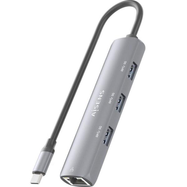 Hub USB Tipo-C Aisens ASUC-4P038-GR/ 3xUSB/ 1xRJ45/ Gris