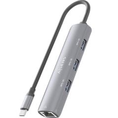 Hub USB Tipo-C Aisens ASUC-4P038-GR/ 3xUSB/ 1xRJ45/ Gris