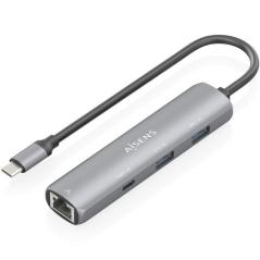 Hub USB Tipo-C Aisens ASUC-4P038-GR/ 1xUSB Tipo-C/ 2xUSB/ 1xRJ45/ Gris