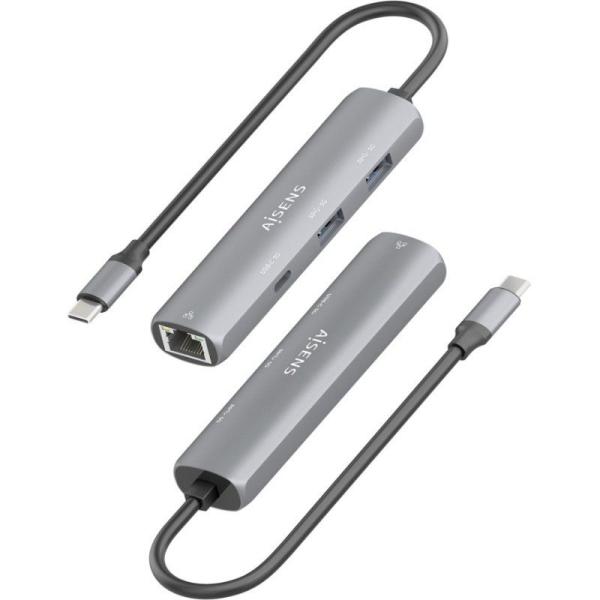 Hub USB Tipo-C Aisens ASUC-4P038-GR/ 1xUSB Tipo-C/ 2xUSB/ 1xRJ45/ Gris