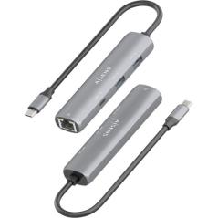 Hub USB Tipo-C Aisens ASUC-4P038-GR/ 1xUSB Tipo-C/ 2xUSB/ 1xRJ45/ Gris