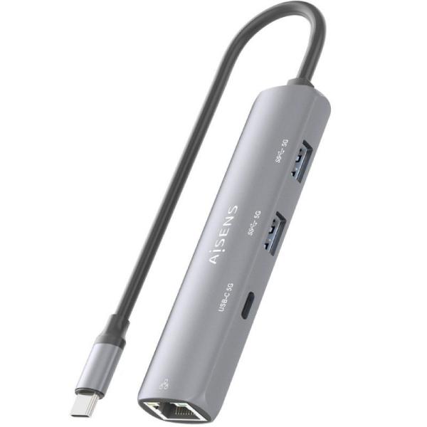 Hub USB Tipo-C Aisens ASUC-4P038-GR/ 1xUSB Tipo-C/ 2xUSB/ 1xRJ45/ Gris